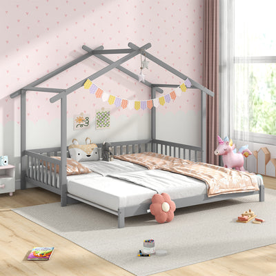 *Extendable House Bed Twin to King Daybed with Roof and Fence Rails - Gray