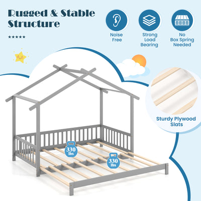 *Extendable House Bed Twin to King Daybed with Roof and Fence Rails - Gray