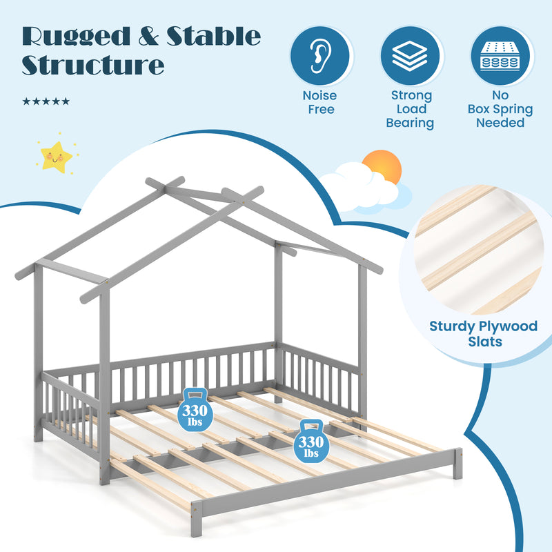 *Extendable House Bed Twin to King Daybed with Roof and Fence Rails - Gray