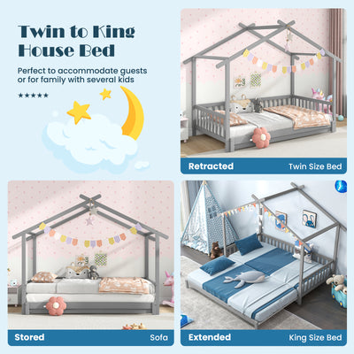 *Extendable House Bed Twin to King Daybed with Roof and Fence Rails - Gray