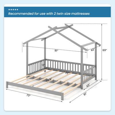 *Extendable House Bed Twin to King Daybed with Roof and Fence Rails - Gray