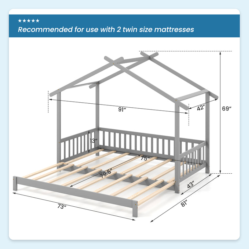 *Extendable House Bed Twin to King Daybed with Roof and Fence Rails - Gray