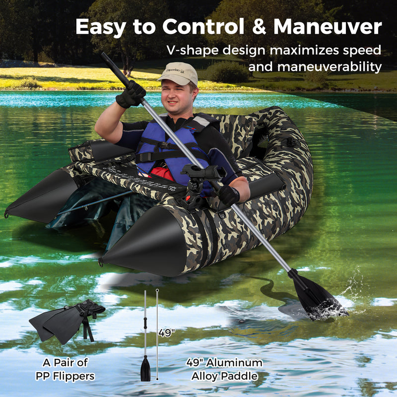 *350 LBS Inflatable Fishing Float Tube with Adjustable Backrest and Backpack Straps - Camouflage