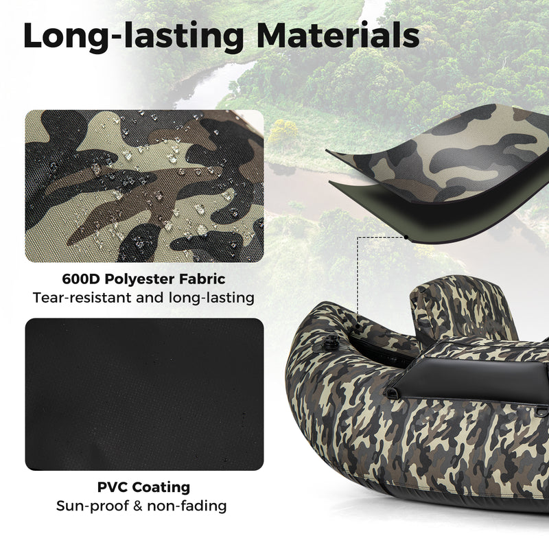 *350 LBS Inflatable Fishing Float Tube with Adjustable Backrest and Backpack Straps - Camouflage