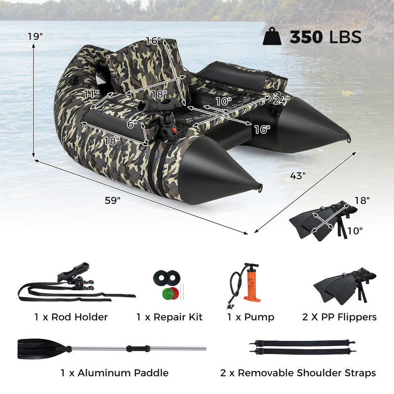 *350 LBS Inflatable Fishing Float Tube with Adjustable Backrest and Backpack Straps - Camouflage