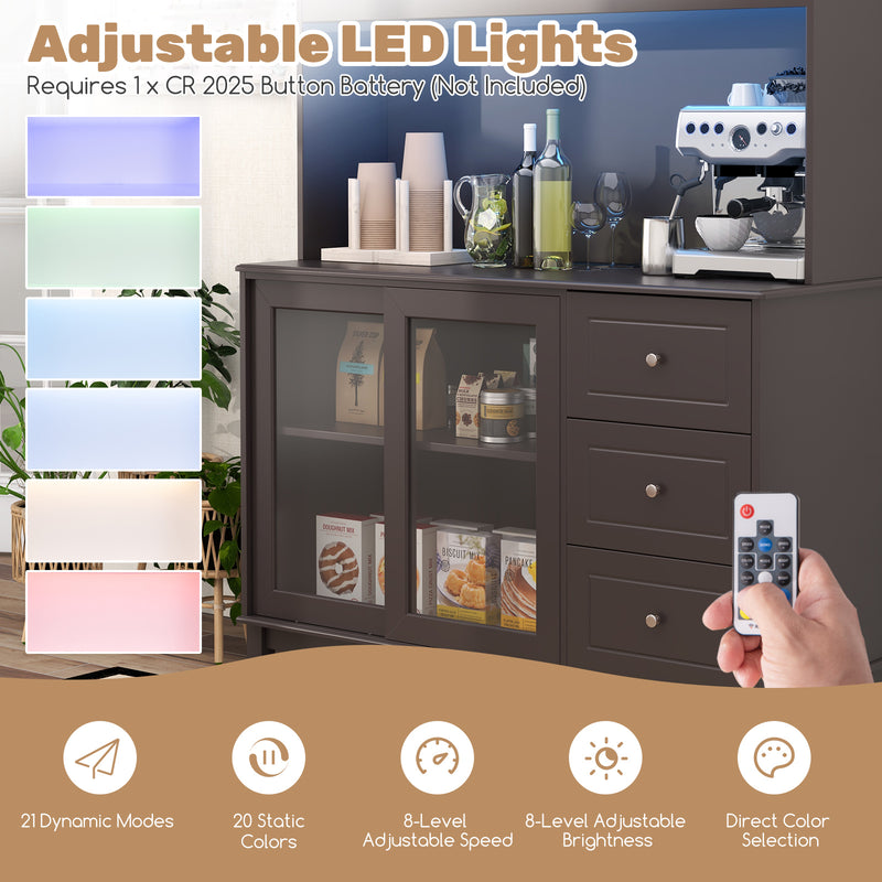 Kitchen Pantry Storage Cabinet Kitchen Hutch with LED lights and Power Outlet-Dark Brown