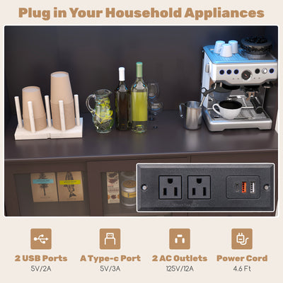 Kitchen Pantry Storage Cabinet Kitchen Hutch with LED lights and Power Outlet-Dark Brown