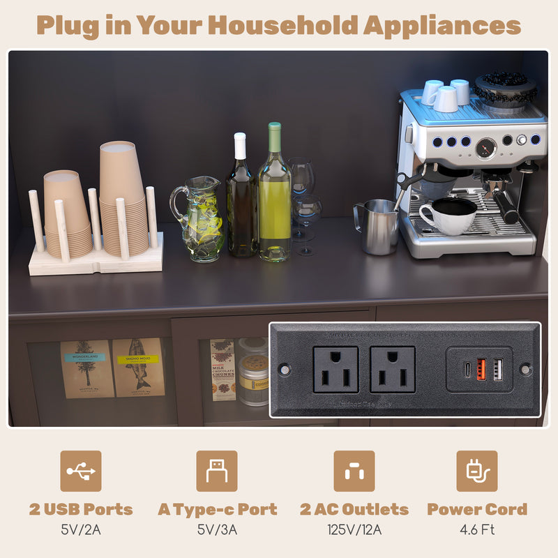 Kitchen Pantry Storage Cabinet Kitchen Hutch with LED lights and Power Outlet-Dark Brown