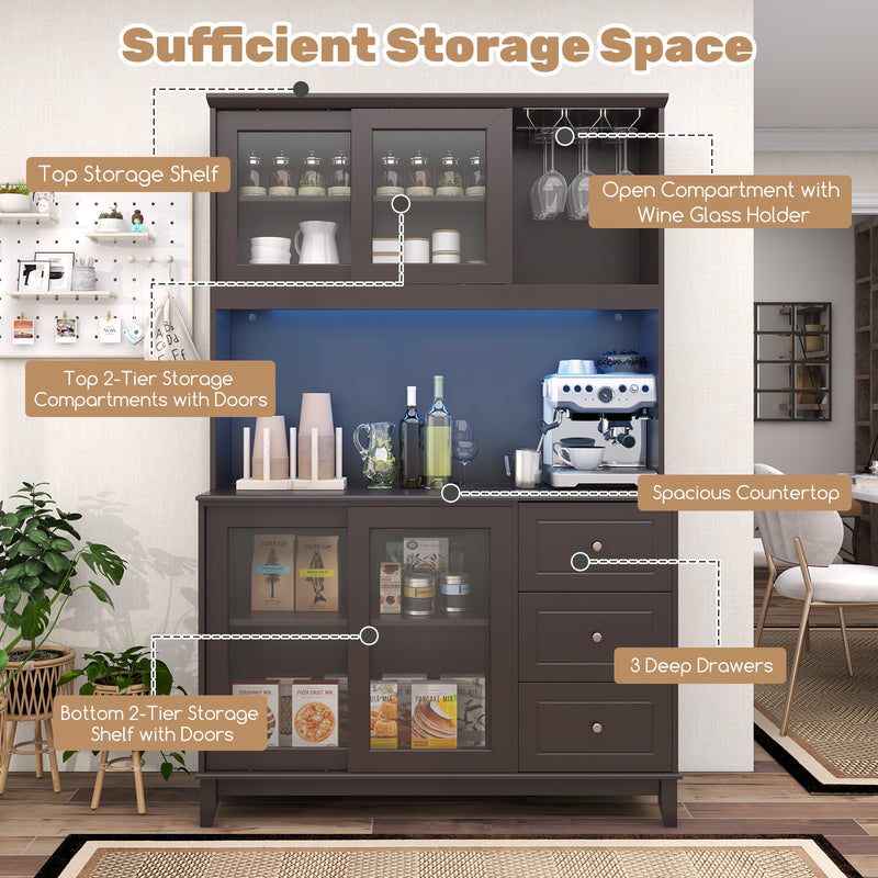 Kitchen Pantry Storage Cabinet Kitchen Hutch with LED lights and Power Outlet-Dark Brown