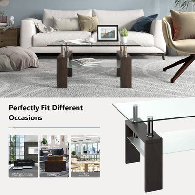 Rectangular Tempered Glass Coffee Table Tea Table with Shelf-Brown