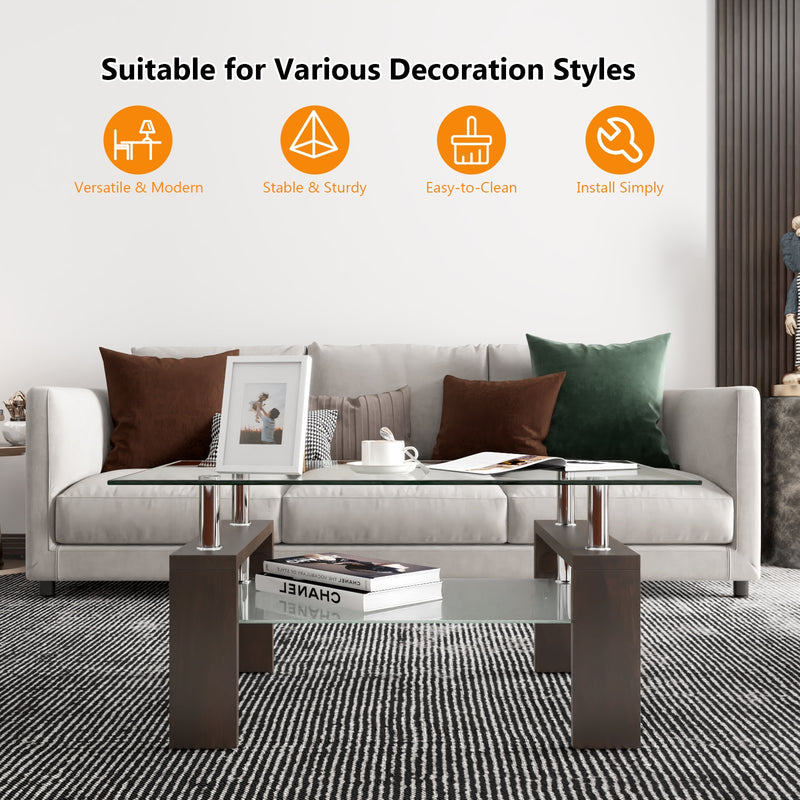 Rectangular Tempered Glass Coffee Table Tea Table with Shelf-Brown