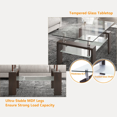 Rectangular Tempered Glass Coffee Table Tea Table with Shelf-Brown