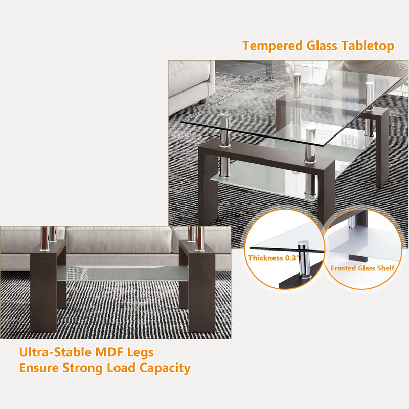 Rectangular Tempered Glass Coffee Table Tea Table with Shelf-Brown