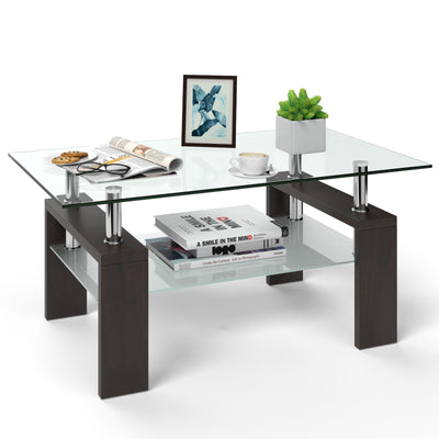 Rectangular Tempered Glass Coffee Table Tea Table with Shelf-Brown
