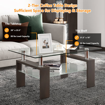 Rectangular Tempered Glass Coffee Table Tea Table with Shelf-Brown
