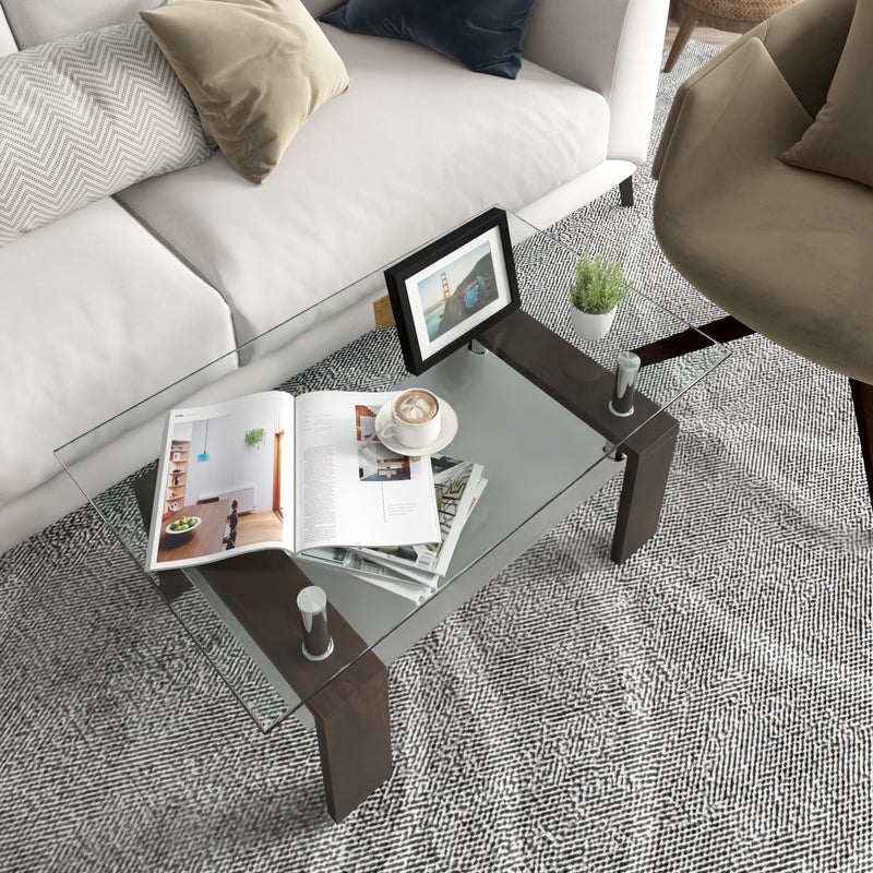 Rectangular Tempered Glass Coffee Table Tea Table with Shelf-Brown