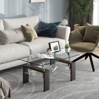 Rectangular Tempered Glass Coffee Table Tea Table with Shelf-Brown