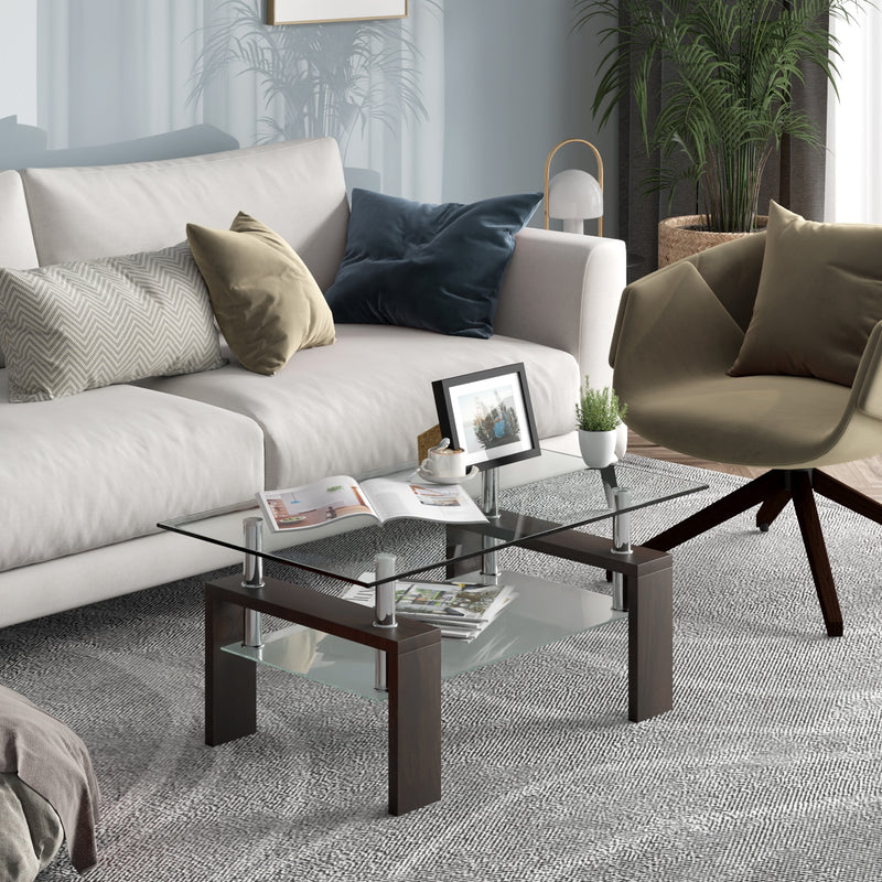 Rectangular Tempered Glass Coffee Table Tea Table with Shelf-Brown