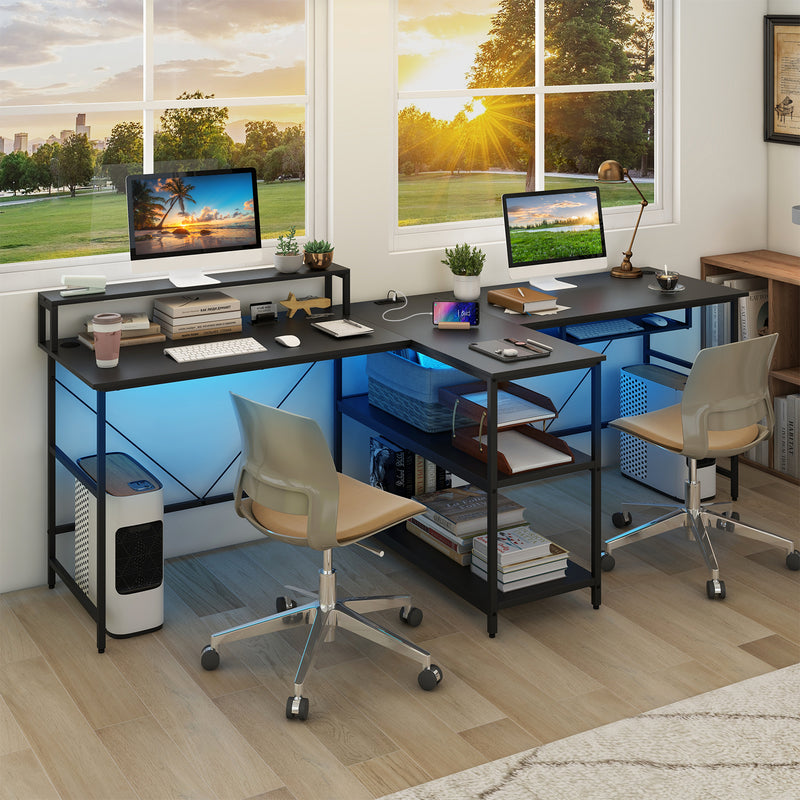 *2-Person Reversible Computer Desk Long Office Desk with LED Lights - Black