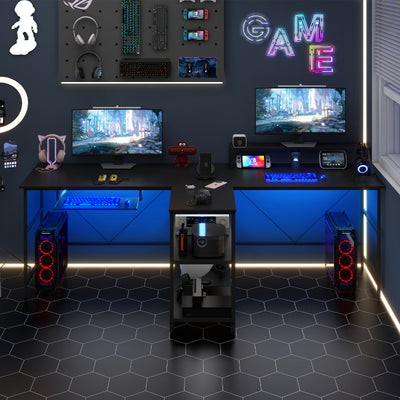 *2-Person Reversible Computer Desk Long Office Desk with LED Lights - Black