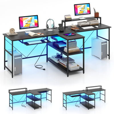 *2-Person Reversible Computer Desk Long Office Desk with LED Lights - Black