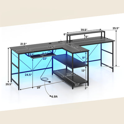*2-Person Reversible Computer Desk Long Office Desk with LED Lights - Black