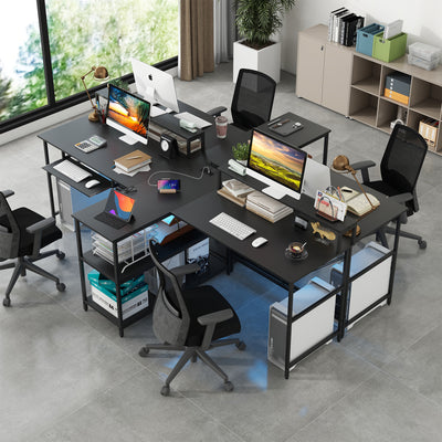 *2-Person Reversible Computer Desk Long Office Desk with LED Lights - Black