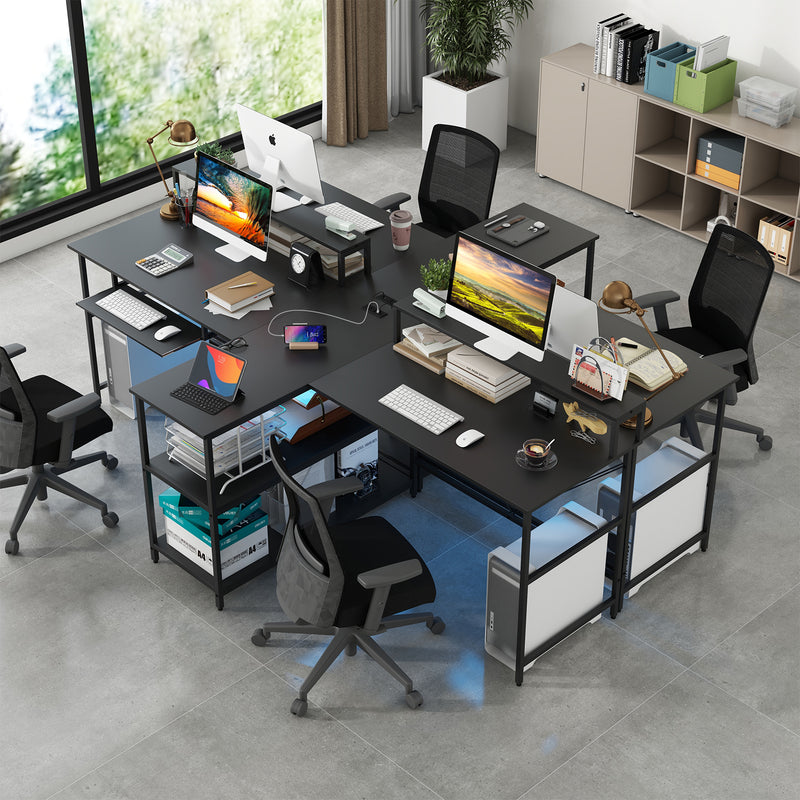 *2-Person Reversible Computer Desk Long Office Desk with LED Lights - Black