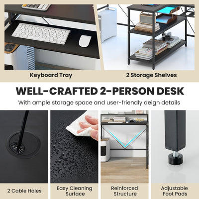 *2-Person Reversible Computer Desk Long Office Desk with LED Lights - Black