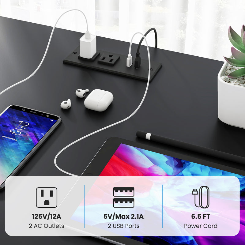 *2-Person Reversible Computer Desk Long Office Desk with LED Lights - Black