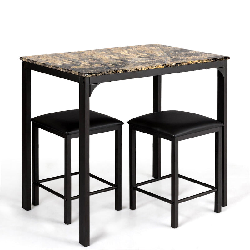 3 Pieces Kitchen Counter Height Faux Marble Table 2 Chairs Set