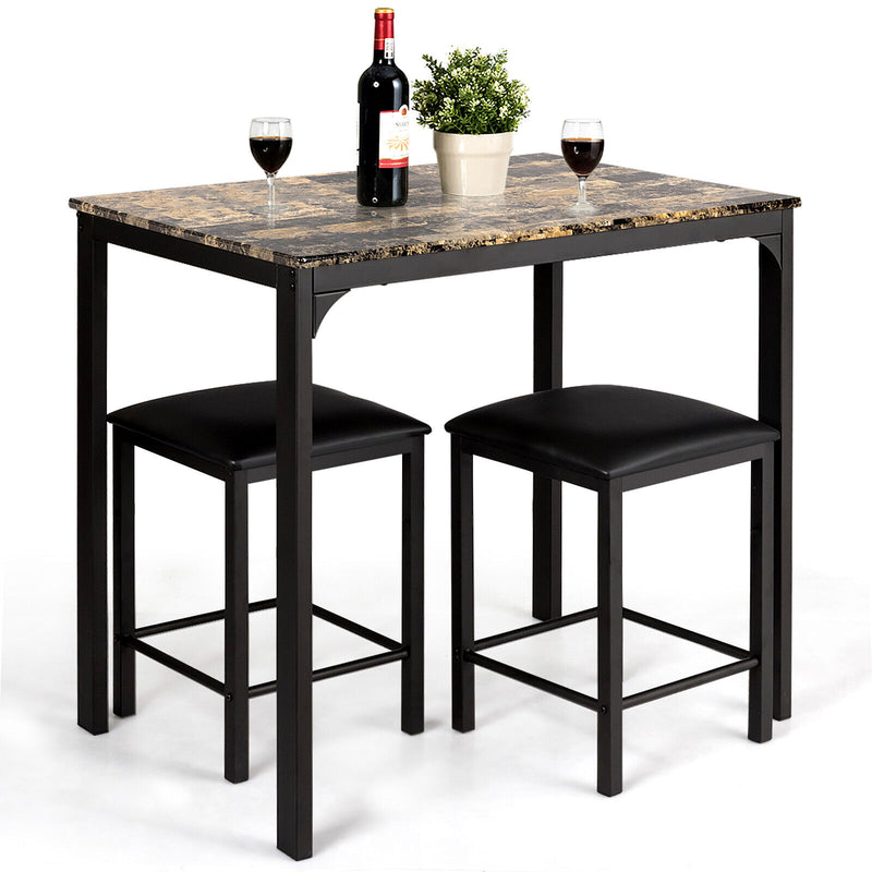 3 Pieces Kitchen Counter Height Faux Marble Table 2 Chairs Set