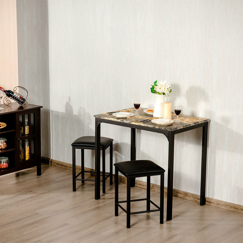 3 Pieces Kitchen Counter Height Faux Marble Table 2 Chairs Set