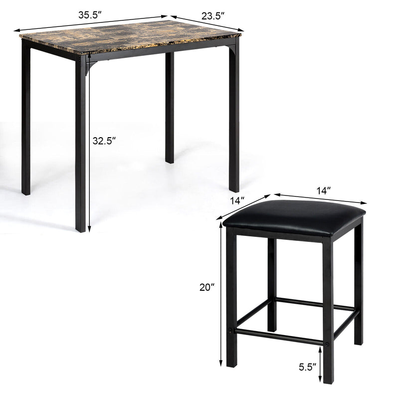 3 Pieces Kitchen Counter Height Faux Marble Table 2 Chairs Set