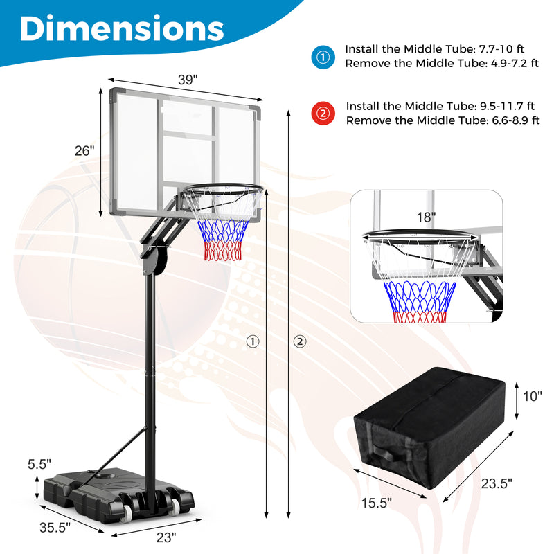 *4.9-10 Feet Adjustable Basketball Hoop with Shatterproof Backboard