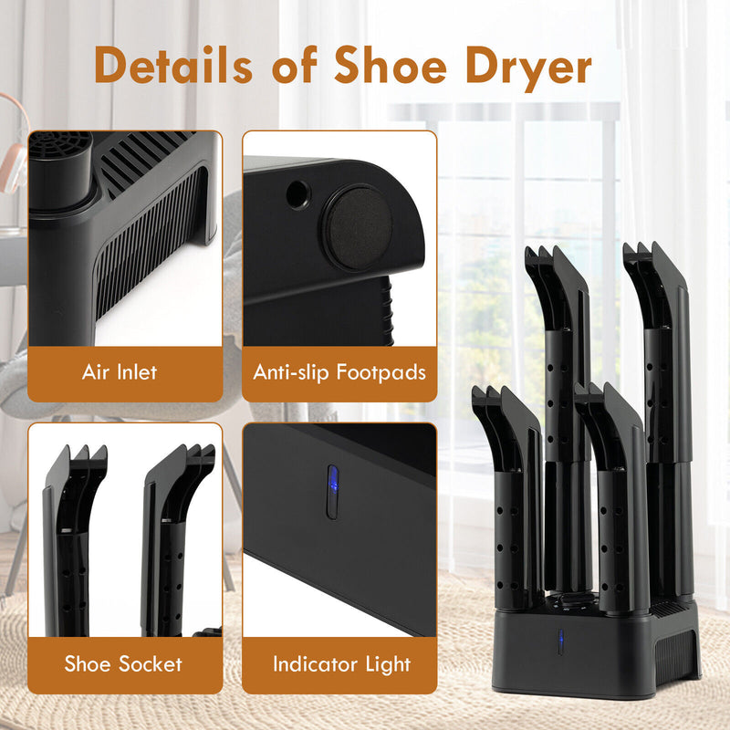 Prevent Odor Mold & Bacteria 4 Shoe Electric Dryer with Timer-Black