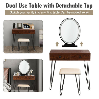 Industrial Makeup Dressing Table with 3 Lighting Modes-Walnut