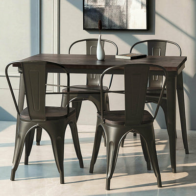 4 Pieces Tolix Style Metal Dining Side Chair Stackable Wood Seat-Dark Brown