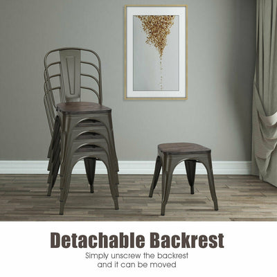 4 Pieces Tolix Style Metal Dining Side Chair Stackable Wood Seat-Dark Brown