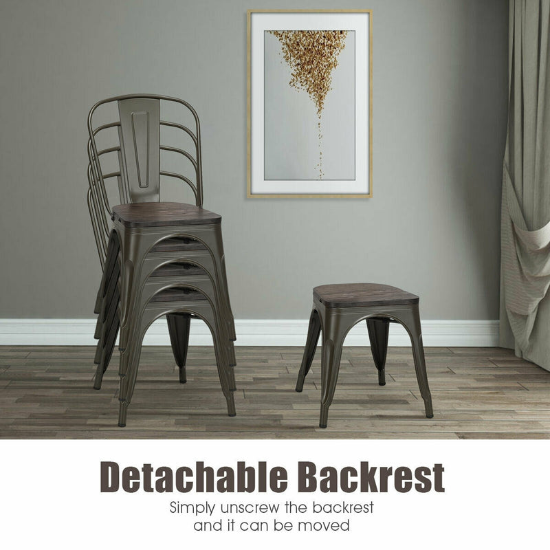 4 Pieces Tolix Style Metal Dining Side Chair Stackable Wood Seat-Dark Brown