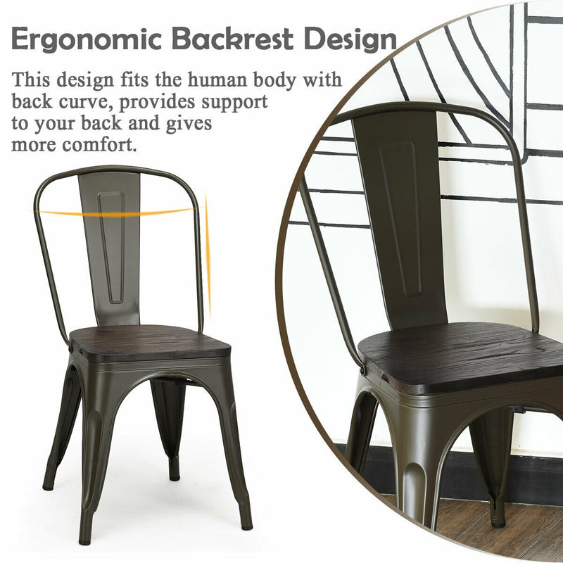 4 Pieces Tolix Style Metal Dining Side Chair Stackable Wood Seat-Dark Brown