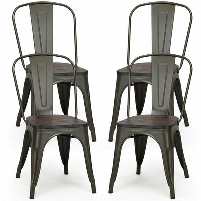 4 Pieces Tolix Style Metal Dining Side Chair Stackable Wood Seat-Dark Brown
