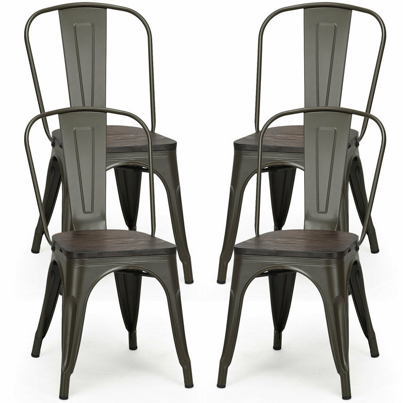 4 Pieces Tolix Style Metal Dining Side Chair Stackable Wood Seat-Dark Brown
