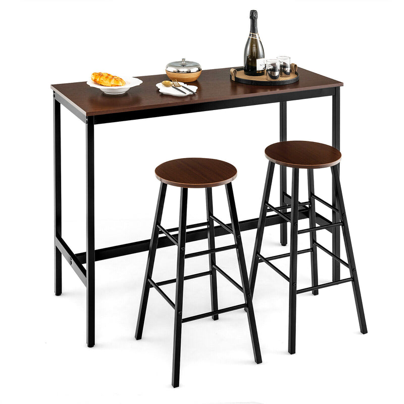 3 Piece Pub Table and Stools Kitchen Dining Set-Brown