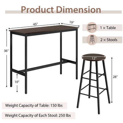 3 Piece Pub Table and Stools Kitchen Dining Set-Brown