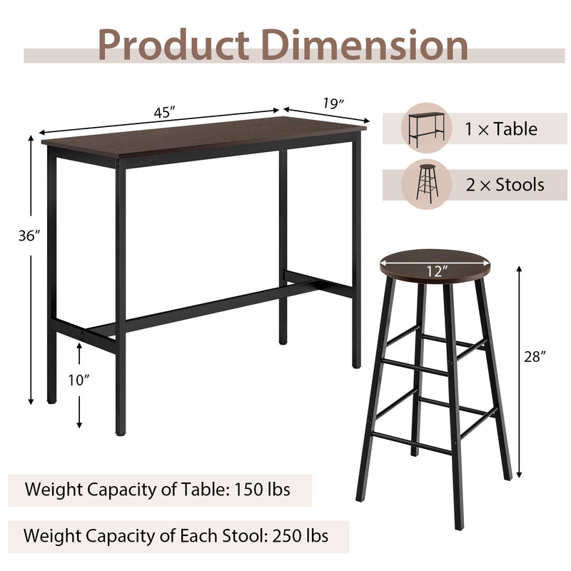 3 Piece Pub Table and Stools Kitchen Dining Set-Brown