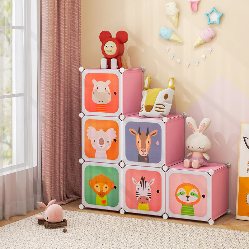 8-Cube Kids Wardrobe Closet with Clothes Hanging Section and Doors-Pink
