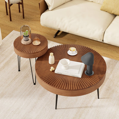 Set of 2 Boho Round Coffee Table with Solid Pine Wood Top and Metal Legs-Brown