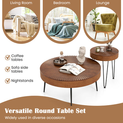 Set of 2 Boho Round Coffee Table with Solid Pine Wood Top and Metal Legs-Brown