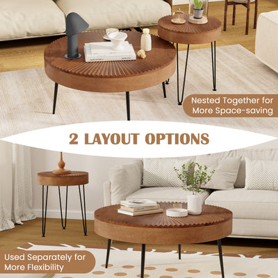 Set of 2 Boho Round Coffee Table with Solid Pine Wood Top and Metal Legs-Brown